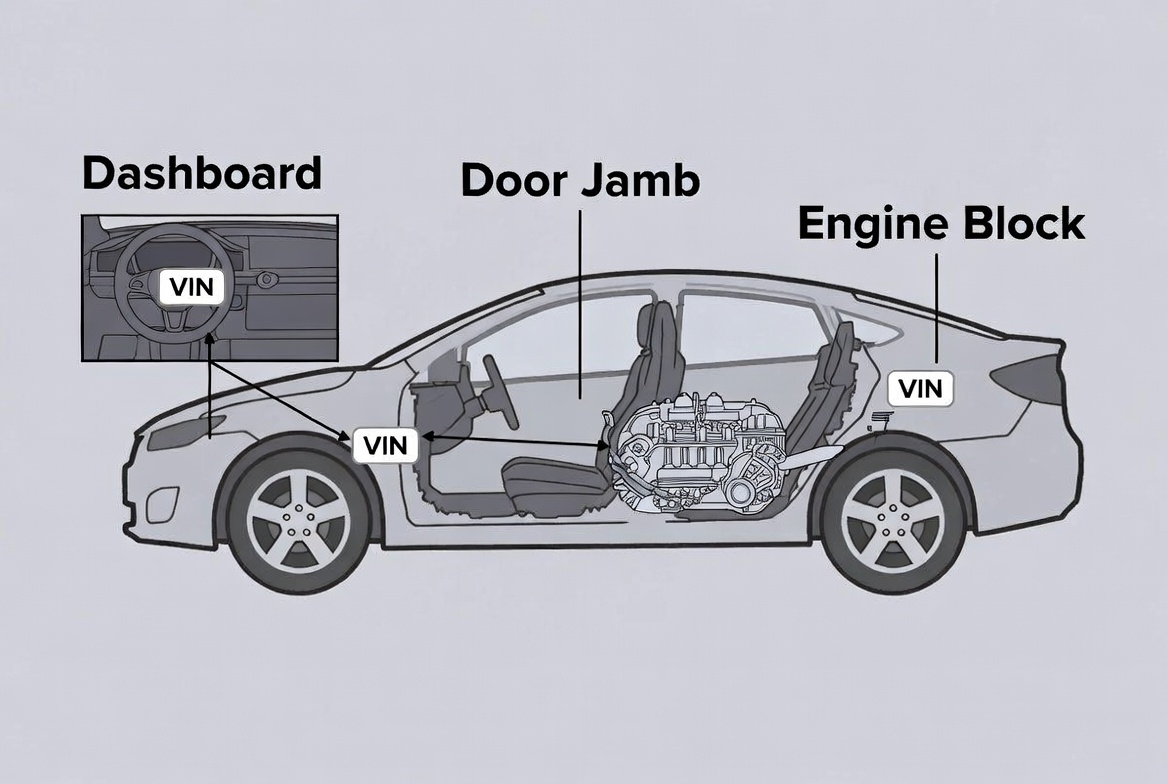Common locations to find Vehicle Identification Number on a car for VIN lookup